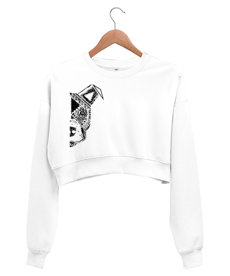 Tisho - Sanatsal Çizim Kafa - Desen - Beyaz Kadın Crop Sweatshirt