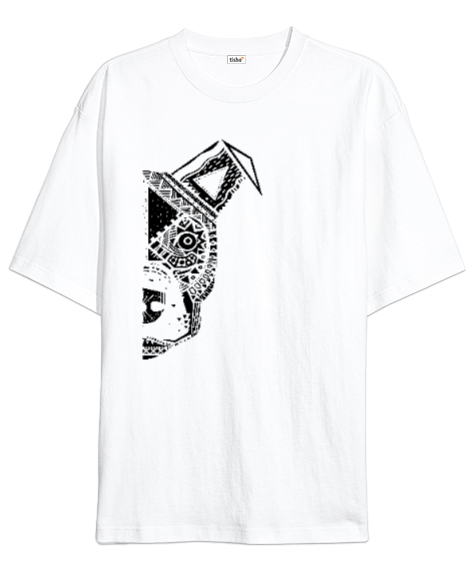 Tisho - Sanatsal Çizim Kafa - Desen - Beyaz Oversize Unisex Tişört