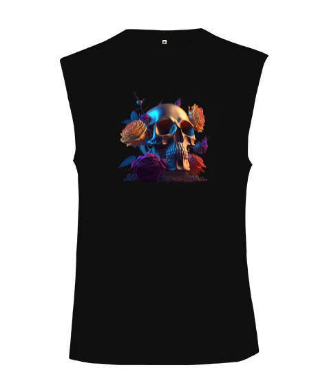 Tisho - Sanatsal Renkli Kurukafa Çalışması Siyah Kesik Kol Unisex Tişört