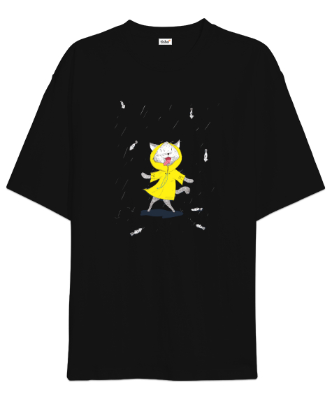 Tisho - Şanslı Kedi - Gökten Balık Yağıyor Siyah Oversize Unisex Tişört