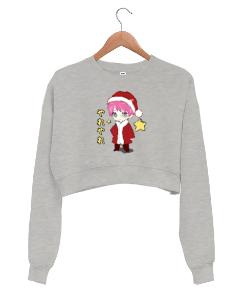 Tisho - Santa Kusuo Saiki Kusuo Noel Baba Gri Kadın Crop Sweatshirt