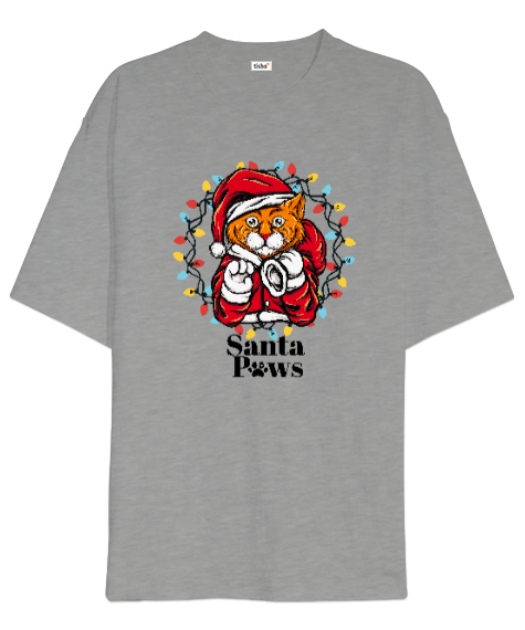 Tisho - Santa Paws - Noel Kedi Gri Oversize Unisex Tişört