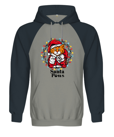 Tisho - Santa Paws - Noel Kedi Gri/Füme Orjinal Reglan Hoodie Unisex Sweatshirt