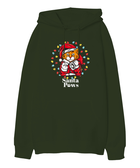 Tisho - Santa Paws - Noel Kedi Haki Yeşili Oversize Unisex Kapüşonlu Sweatshirt