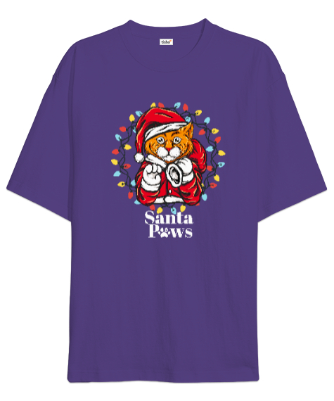 Tisho - Santa Paws - Noel Kedi Mor Oversize Unisex Tişört
