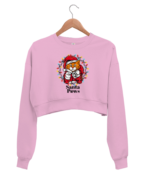 Tisho - Santa Paws - Noel Kedi Pembe Kadın Crop Sweatshirt