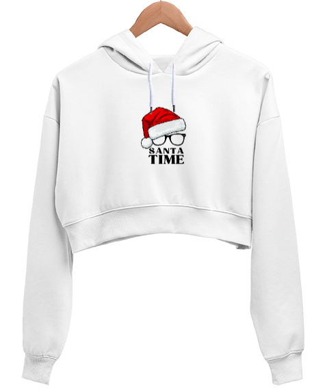 Tisho - Santa tıme Beyaz Kadın Crop Hoodie Kapüşonlu Sweatshirt
