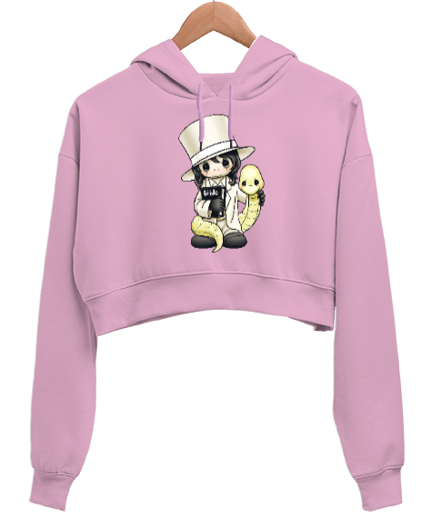 Tisho - Şapkalı Gizemli Kız Pembe Kadın Crop Hoodie Kapüşonlu Sweatshirt