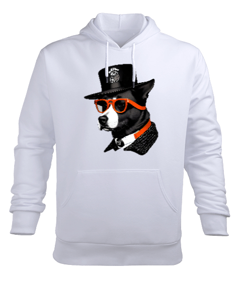 Tisho - şapkalı gözlüklü beyefendi köpek Beyaz Erkek Kapüşonlu Hoodie Sweatshirt