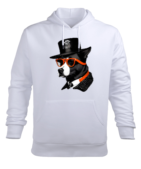 Tisho - şapkalı gözlüklü beyefendi köpek Beyaz Erkek Kapüşonlu Hoodie Sweatshirt