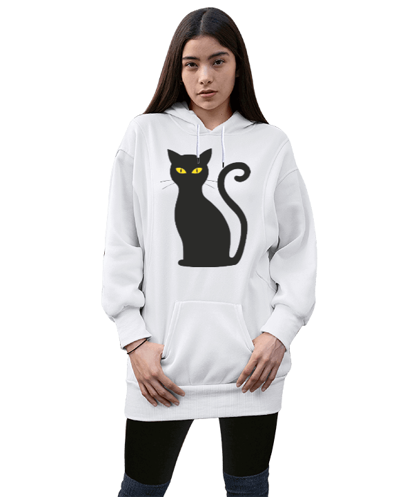 Tisho - SARI GÖZLÜ KARA KEDİ Kadın Uzun Hoodie Kapüşonlu Sweatshirt