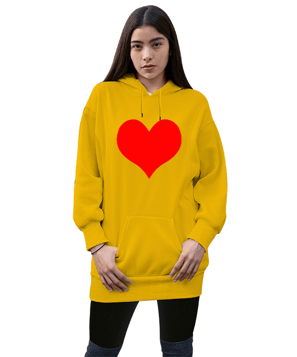 Tisho - sarı kalp desen tasarımı Kadın Uzun Hoodie Kapüşonlu Sweatshirt