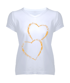 sarı kalpler tasarımlı Kadın V Yaka Tişört - Tisho