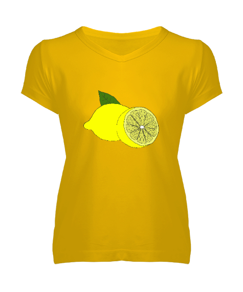 Tisho - Sarı Limon Desenli Sarı Kadın V Yaka Tişört
