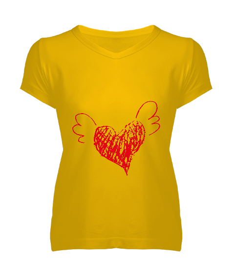 Tisho - sarı tasarımlı Kadın V Yaka Tişört