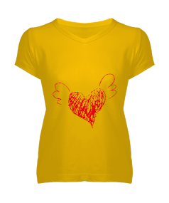 sarı tasarımlı Kadın V Yaka Tişört - Thumbnail