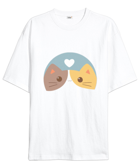 Sarı ve kahverengi renkli kedicik baskılı Beyaz Oversize Unisex Tişört - Tisho