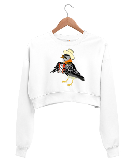 Tisho - Şarkıcı Kuş - Bird Beyaz Kadın Crop Sweatshirt
