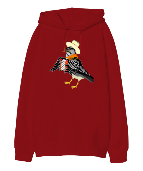 Tisho - Şarkıcı Kuş - Bird Kırmızı Oversize Unisex Kapüşonlu Sweatshirt