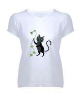 SARMAŞIKLI KEDİ Beyaz Kadın V Yaka Tişört - Tisho