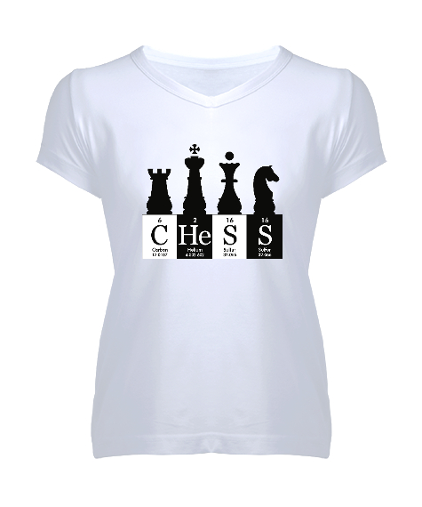 Tisho - Satranç - Chess V2 Beyaz Kadın V Yaka Tişört