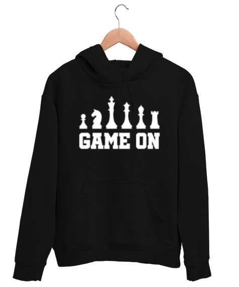 Tisho - Satranç, Game On, Chess Tasarımı Baskılı Siyah Unisex Kapşonlu Sweatshirt
