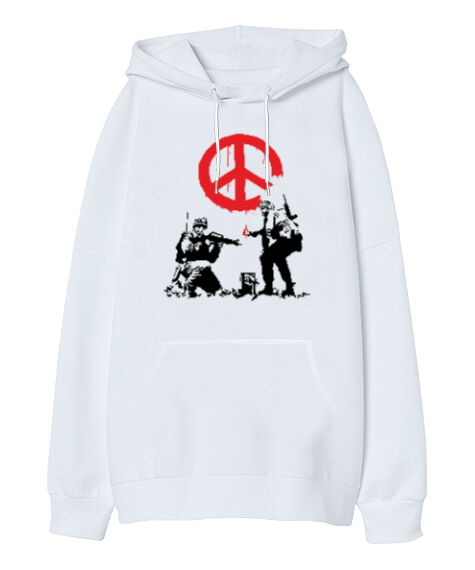 Tisho - Savaş ve Barış Beyaz Oversize Unisex Kapüşonlu Sweatshirt