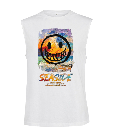 Tisho - SeaSide Smile Tasarım Baskılı Beyaz Kesik Kol Unisex Tişört
