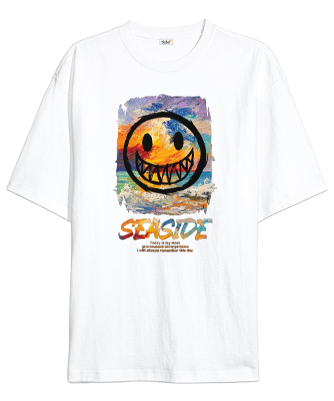 Tisho - SeaSide Smile Tasarım Baskılı Beyaz Oversize Unisex Tişört