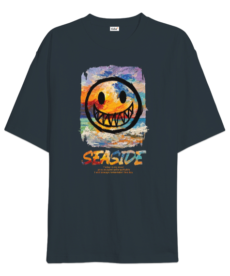 Tisho - SeaSide Smile Tasarım Baskılı Füme Oversize Unisex Tişört