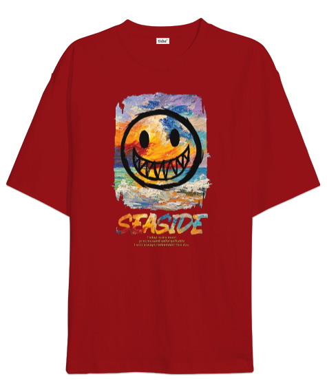 Tisho - SeaSide Smile Tasarım Baskılı Kırmızı Oversize Unisex Tişört