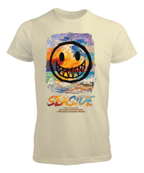 Tisho - SeaSide Smile Tasarım Baskılı Krem Erkek Tişört