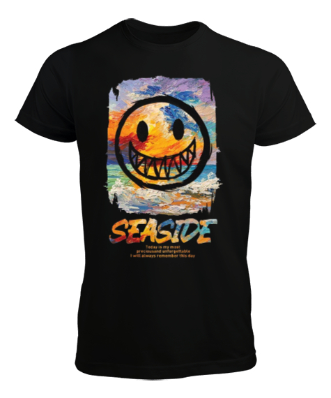 Tisho - SeaSide Smile Tasarım Baskılı Siyah Erkek Tişört