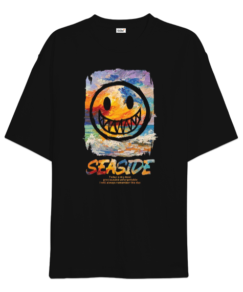 Tisho - SeaSide Smile Tasarım Baskılı Siyah Oversize Unisex Tişört