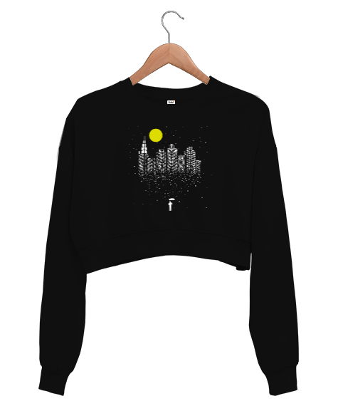 Tisho - Şehir Yağmuru Siyah Kadın Crop Sweatshirt