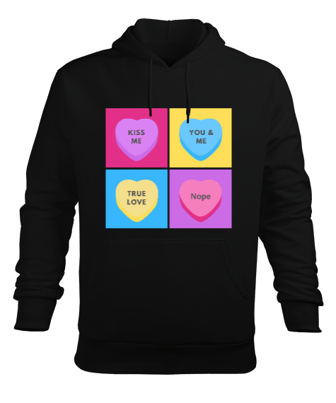 Tisho - Şeker Kalpler Anti Sevgililer Günü Eğlenceli Tasarım Siyah Erkek Kapüşonlu Hoodie Sweatshirt