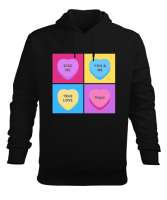 Şeker Kalpler Anti Sevgililer Günü Eğlenceli Tasarım Siyah Erkek Kapüşonlu Hoodie Sweatshirt - Tisho