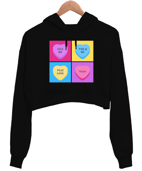 Tisho - Şeker Kalpler Anti Sevgililer Günü Eğlenceli Tasarım Siyah Kadın Crop Hoodie Kapüşonlu Sweatshirt