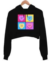 Şeker Kalpler Anti Sevgililer Günü Eğlenceli Tasarım Siyah Kadın Crop Hoodie Kapüşonlu Sweatshirt - Tisho