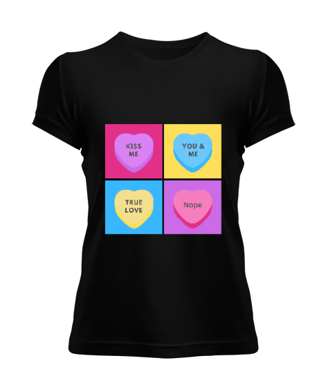 Tisho - Şeker Kalpler Anti Sevgililer Günü Eğlenceli Tasarım Siyah Kadın Tişört