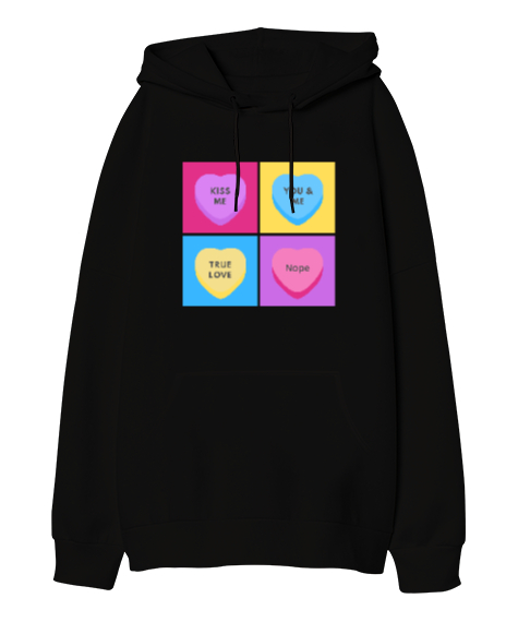 Tisho - Şeker Kalpler Anti Sevgililer Günü Eğlenceli Tasarım Siyah Oversize Unisex Kapüşonlu Sweatshirt