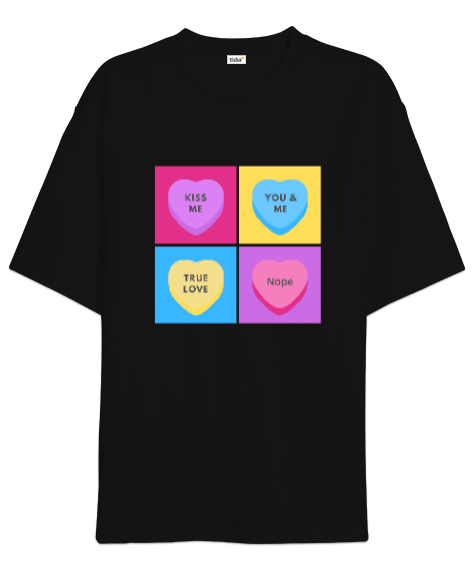 Tisho - Şeker Kalpler Anti Sevgililer Günü Eğlenceli Tasarım Siyah Oversize Unisex Tişört