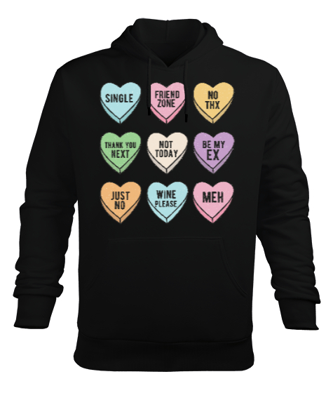 Tisho - Şeker Kalpler Yalnız Hayat Sevgililer Günü Tasarımı Siyah Erkek Kapüşonlu Hoodie Sweatshirt