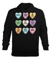 Şeker Kalpler Yalnız Hayat Sevgililer Günü Tasarımı Siyah Erkek Kapüşonlu Hoodie Sweatshirt - Tisho
