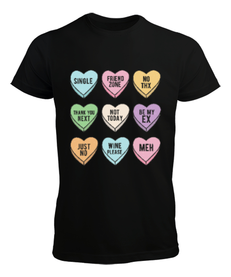 Tisho - Şeker Kalpler Yalnız Hayat Sevgililer Günü Tasarımı Siyah Erkek Tişört
