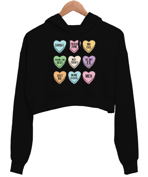 Tisho - Şeker Kalpler Yalnız Hayat Sevgililer Günü Tasarımı Siyah Kadın Crop Hoodie Kapüşonlu Sweatshirt