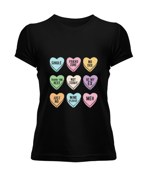 Tisho - Şeker Kalpler Yalnız Hayat Sevgililer Günü Tasarımı Siyah Kadın Tişört