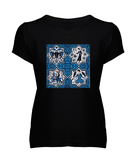 Tisho - Selçuklu çini sanatı Siyah Kadın V Yaka Tişört
