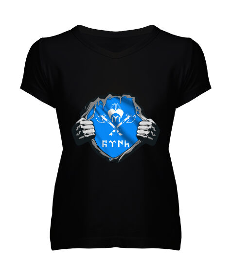Tisho - Selçuk,Selçuk logosu,Göktürk,Türkiye. Siyah Kadın V Yaka Tişört