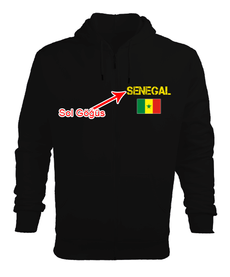 Tisho - Senegal,Senegal Bayrağı,Senegal flag. Siyah Erkek Kapşonlu Fermuarlı